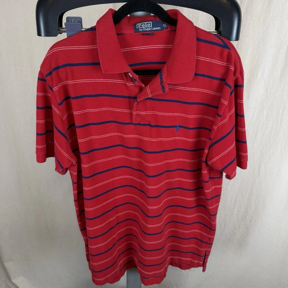 Polo Ralph Lauren Men's‎ Polo Shirt XL Red W/ Blue Stripe Short Sleeve Classic